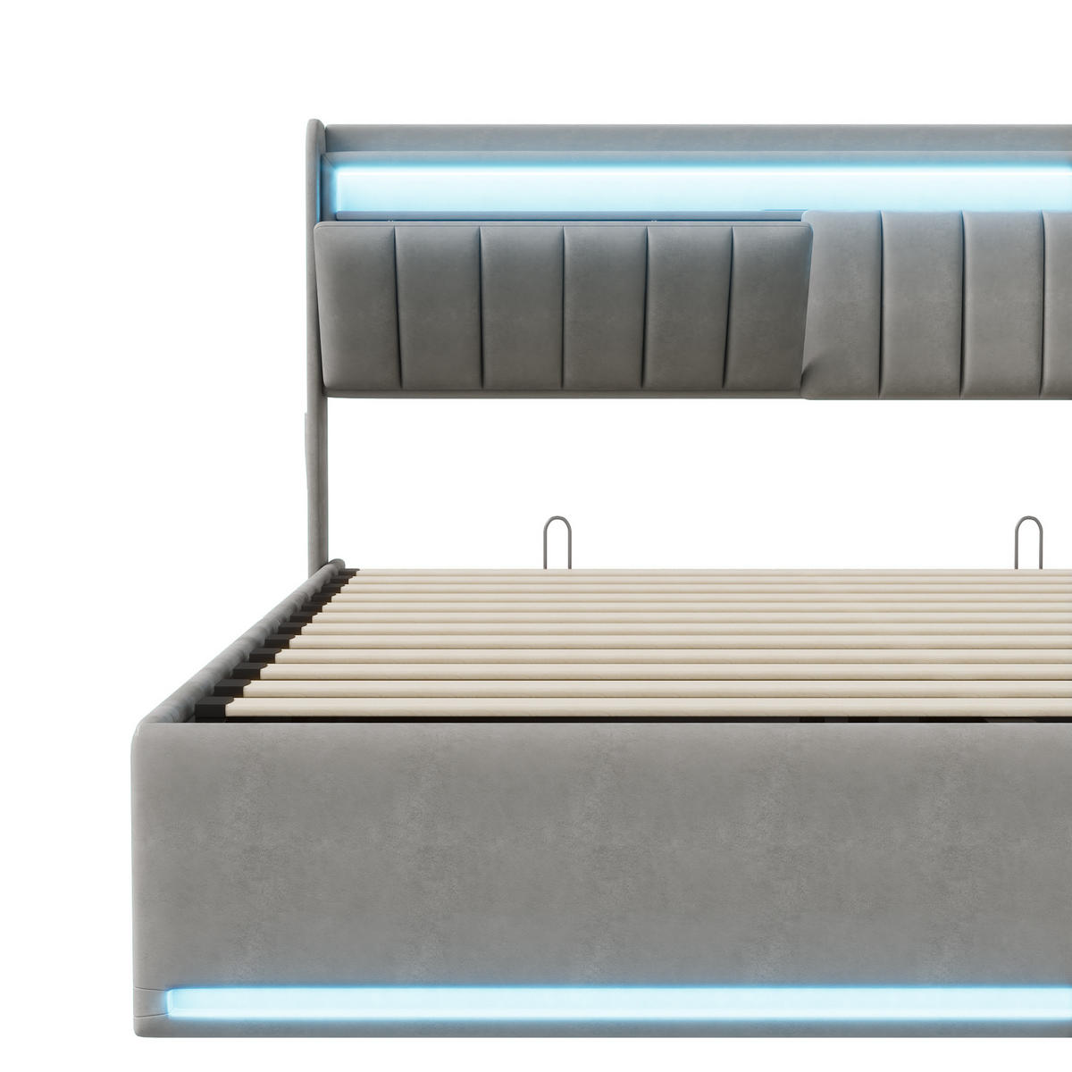 POLSTERBETT 140x200 cm mit LED, USB Und Type-C, Doppelbett mit Bettkasten 140x200, Stauraum, Grau Samt - Grau, Textil/Metall (140/200cm) - GENKI LIVING