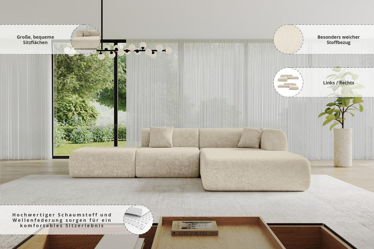 ECKSOFA Ottomane Rechts OVLY-L 289x176x71 Creme Chenille - Ecru/Creme, Holzwerkstoff/Kunststoff (289/176cm) - ALTDECOR