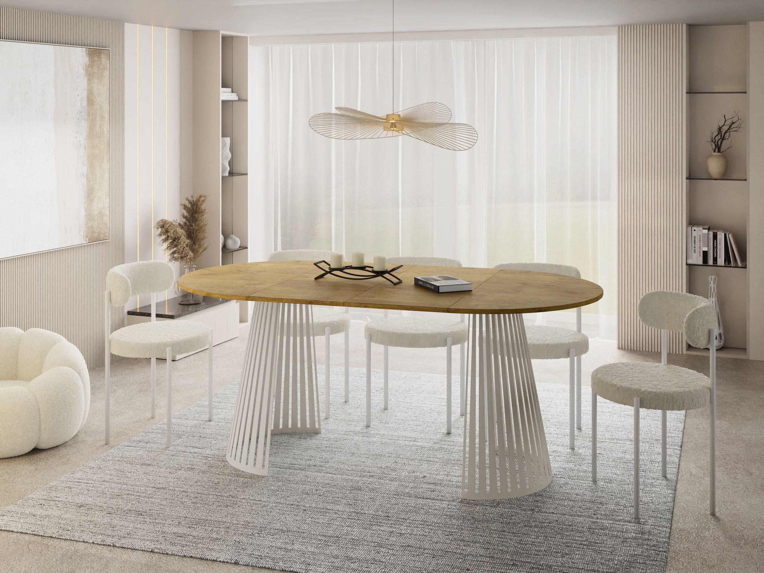 ESSTISCH Naro rund ausziehbar mit Lamellen-Metallgestell in Beige Kaschmir, Braun 100-180/100/76 cm - Kaschmir/Eichefarben, Holzwerkstoff/Metall (100/100/76cm) - WFL GROUP