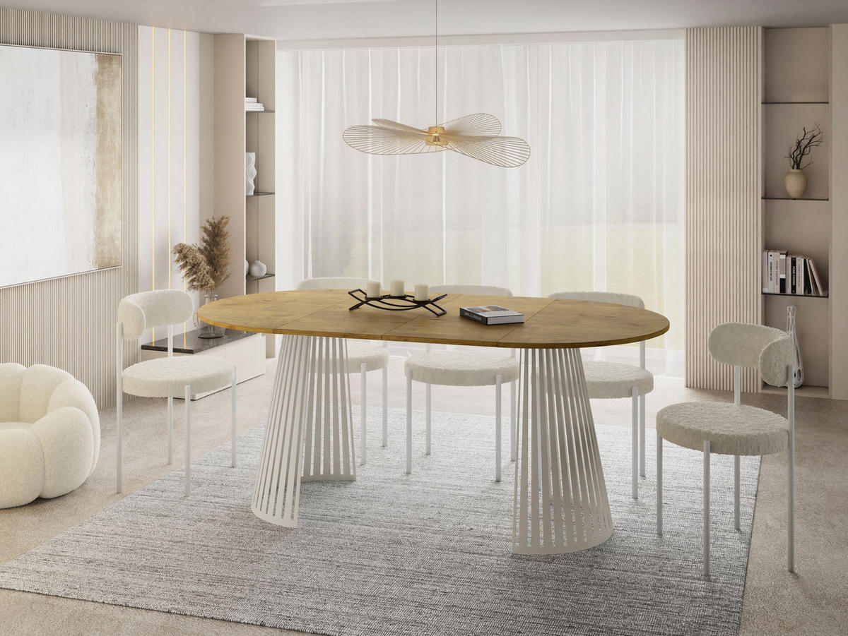 ESSTISCH Naro rund ausziehbar mit Lamellen-Metallgestell in Beige Kaschmir, Braun 120-200/120/76 cm - Kaschmir/Eichefarben, Holzwerkstoff/Metall (120/120/76cm) - WFL GROUP