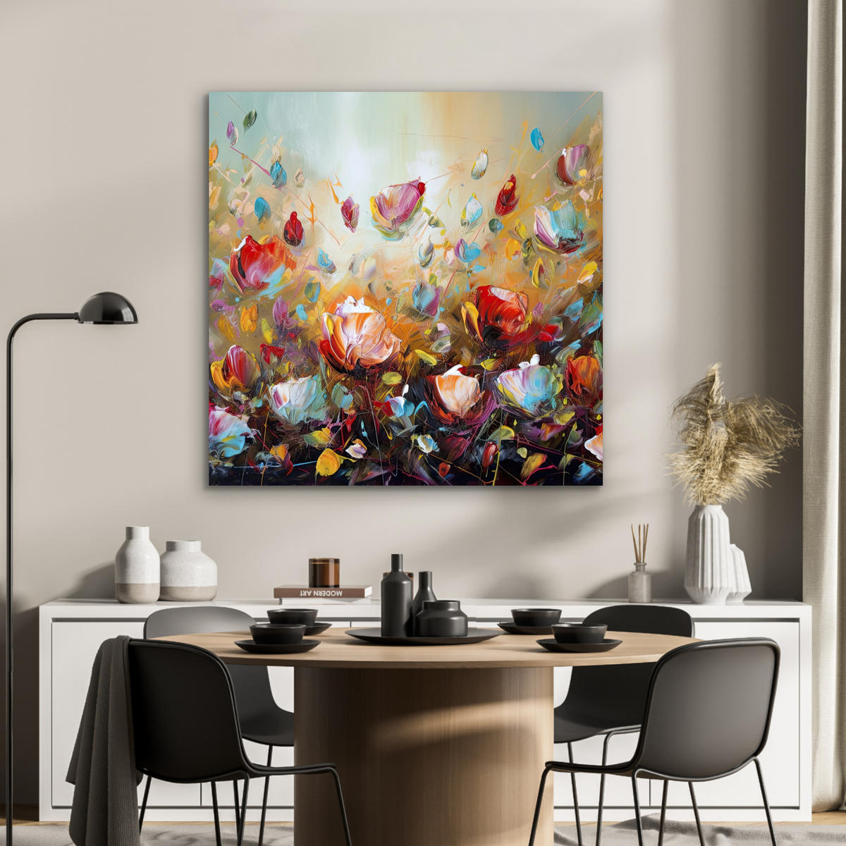 KOVOVÝ OBRAZ Kvety - Umenie - Príroda - Olejomaľba 90x90 cm - viacfarebná, kov (90/90cm) - MuchoWow