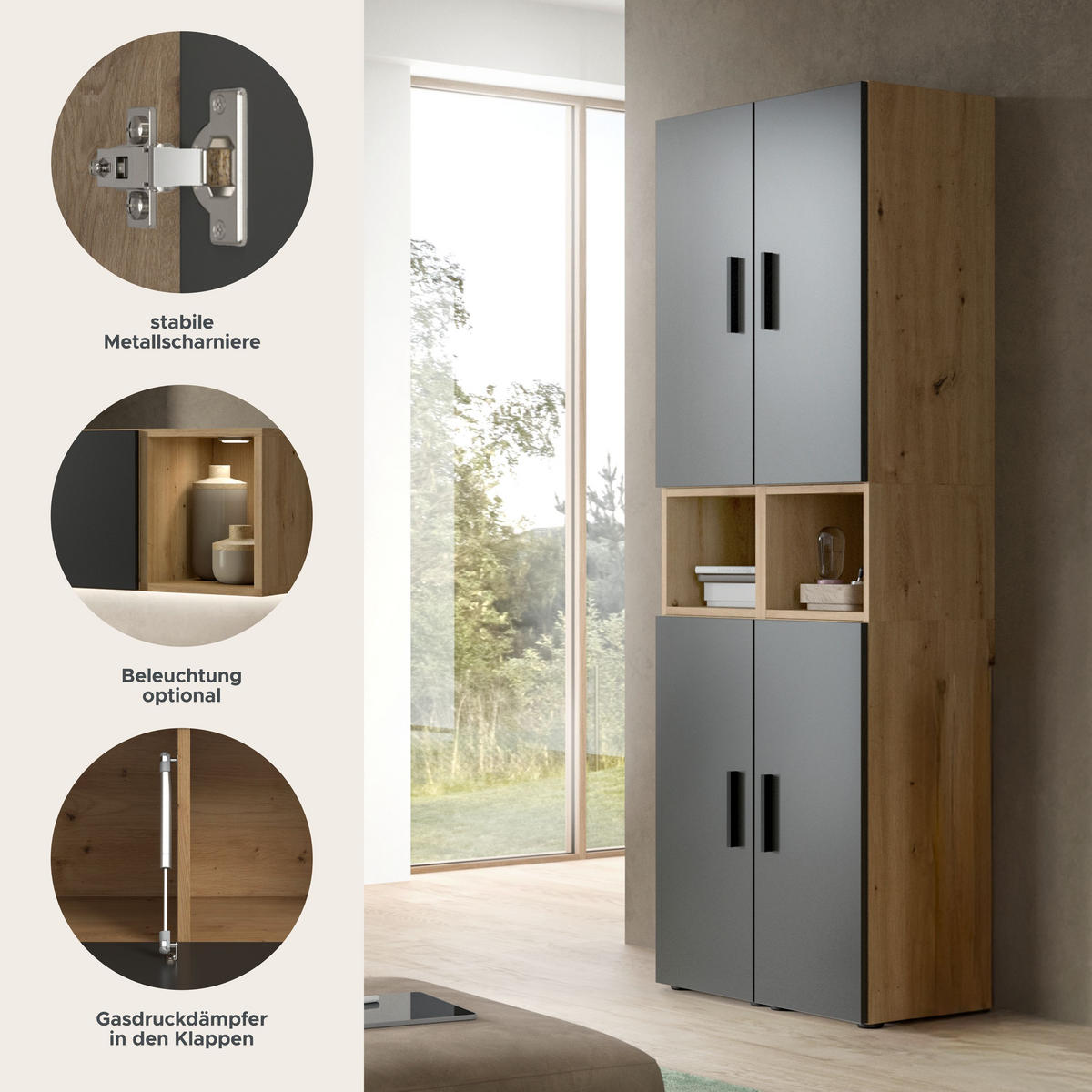 WOHNKOMBINATION THE ONE (B/H/T: ca. 65/178/34 cm) in Artisan Oak Nachbildung/Basalt grau - Eiche Artisan, Holzwerkstoff (65/178/34cm)