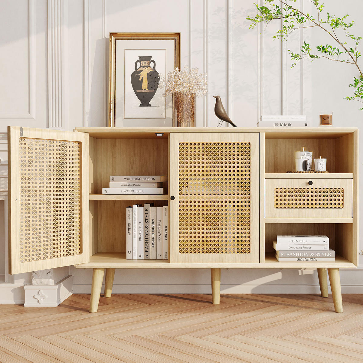 KOMMODE aus MDF 120x40x80cm in Eiche mit Schublade & Magnettüren - Eichefarben, Holzwerkstoff (120/80/40cm) - Modfu