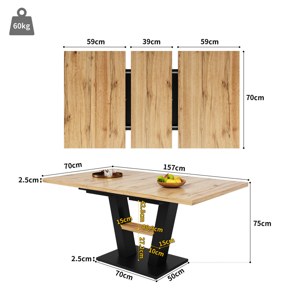 ESSTISCH 118-157/70/75 cm in Schwarz/Natur ausziehbar mit MDF-Tischplatte - Naturfarben, Holzwerkstoff (157/70/75cm) - Flora Grace