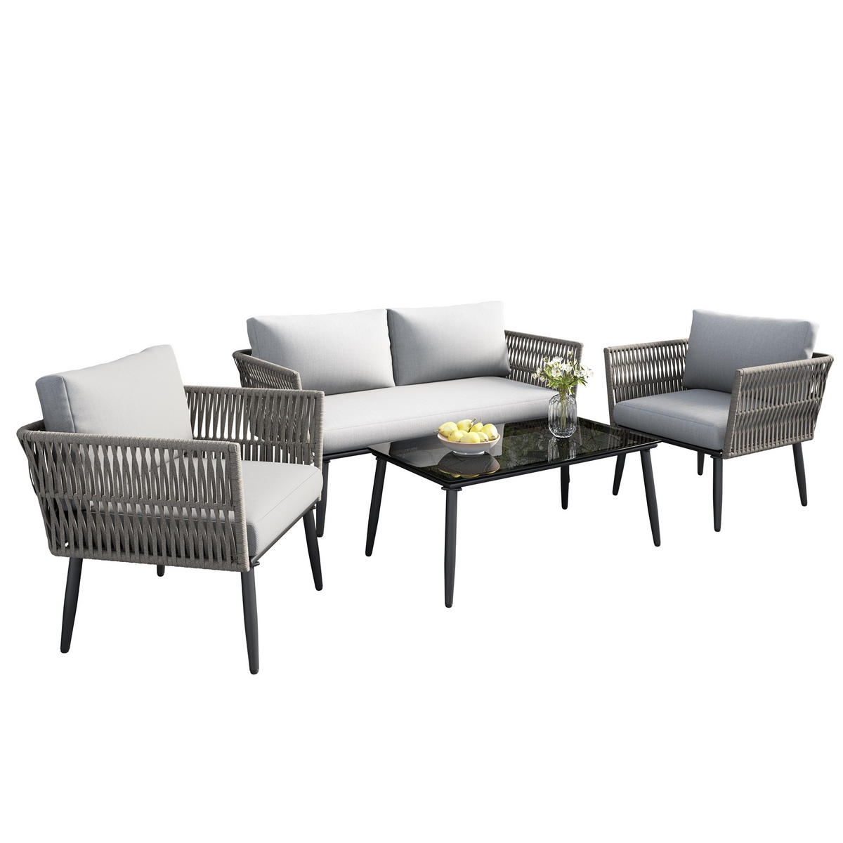 LOUNGESET Grau 2-Sitzer 2 Sessel Couchtisch PE-Seil - Grau, Textil - FLIEKS
