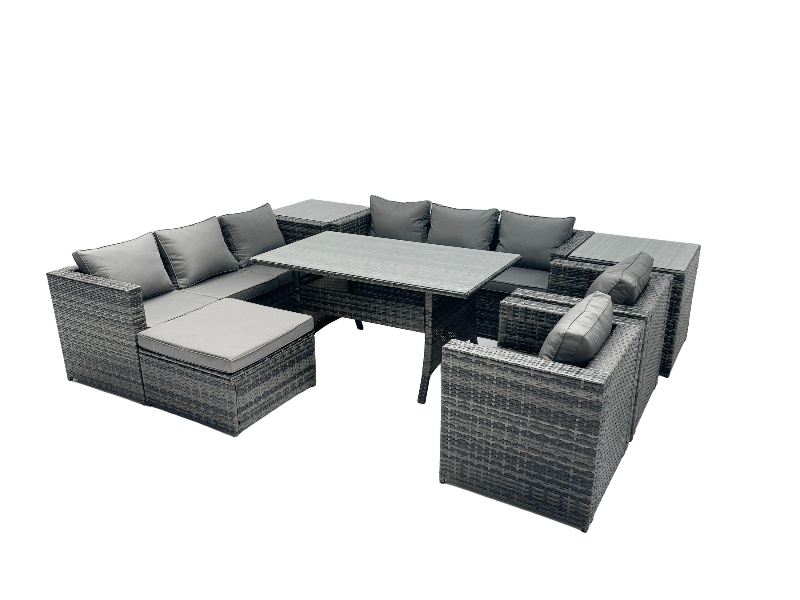SITZGRUPPE mit Beistelltisch,Hockern Polyrattan Dunkelgrau 9-Sitzer - Dunkelgrau/Grau, Glas/Kunststoff - Fimous