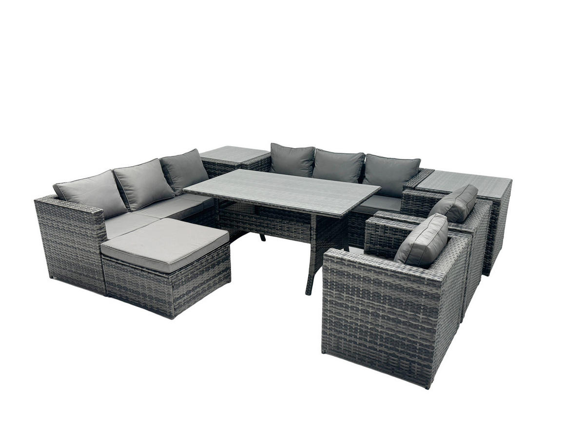 SITZGRUPPE mit Beistelltisch,Hockern Polyrattan Dunkelgrau 9-Sitzer - Dunkelgrau/Grau, Glas/Kunststoff - Fimous