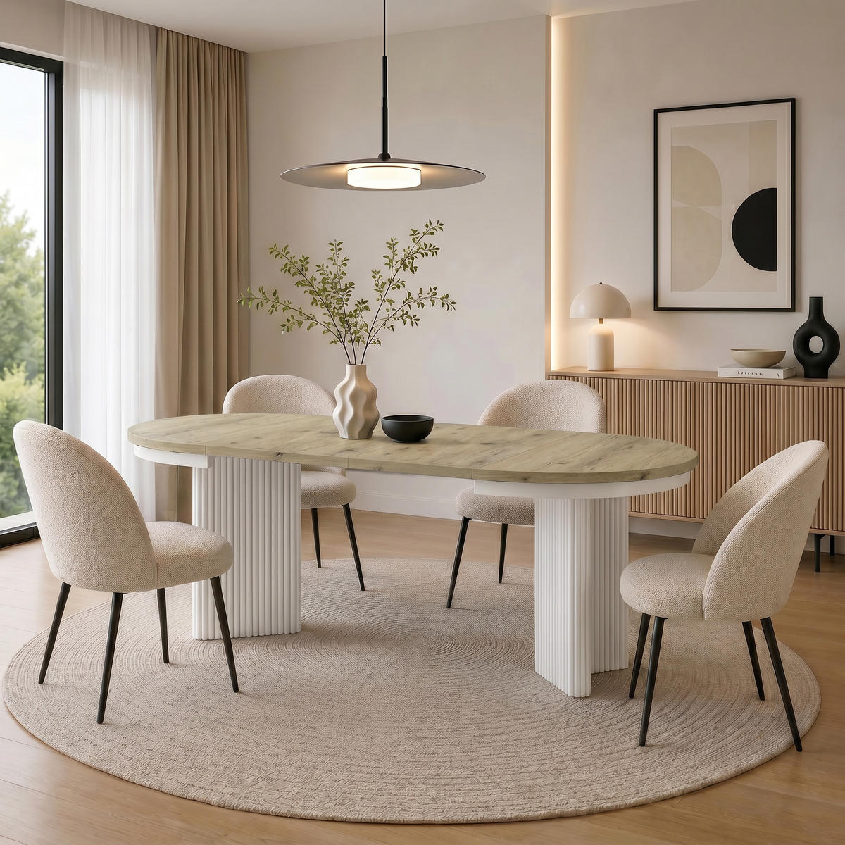 JÍDELNÍ STŮL Prestige, kulatý designový stůl, rozkládací Ø 100–180 cm, dub Artisan + bílá - bílá/barva dubu, kov (100/100/77cm) - Beautysofa