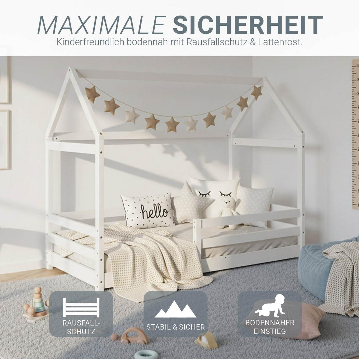 KINDERBETT 80/200 cm Bodenbett Weiß - Weiß, Holz (80/160cm) - Homestyle4u