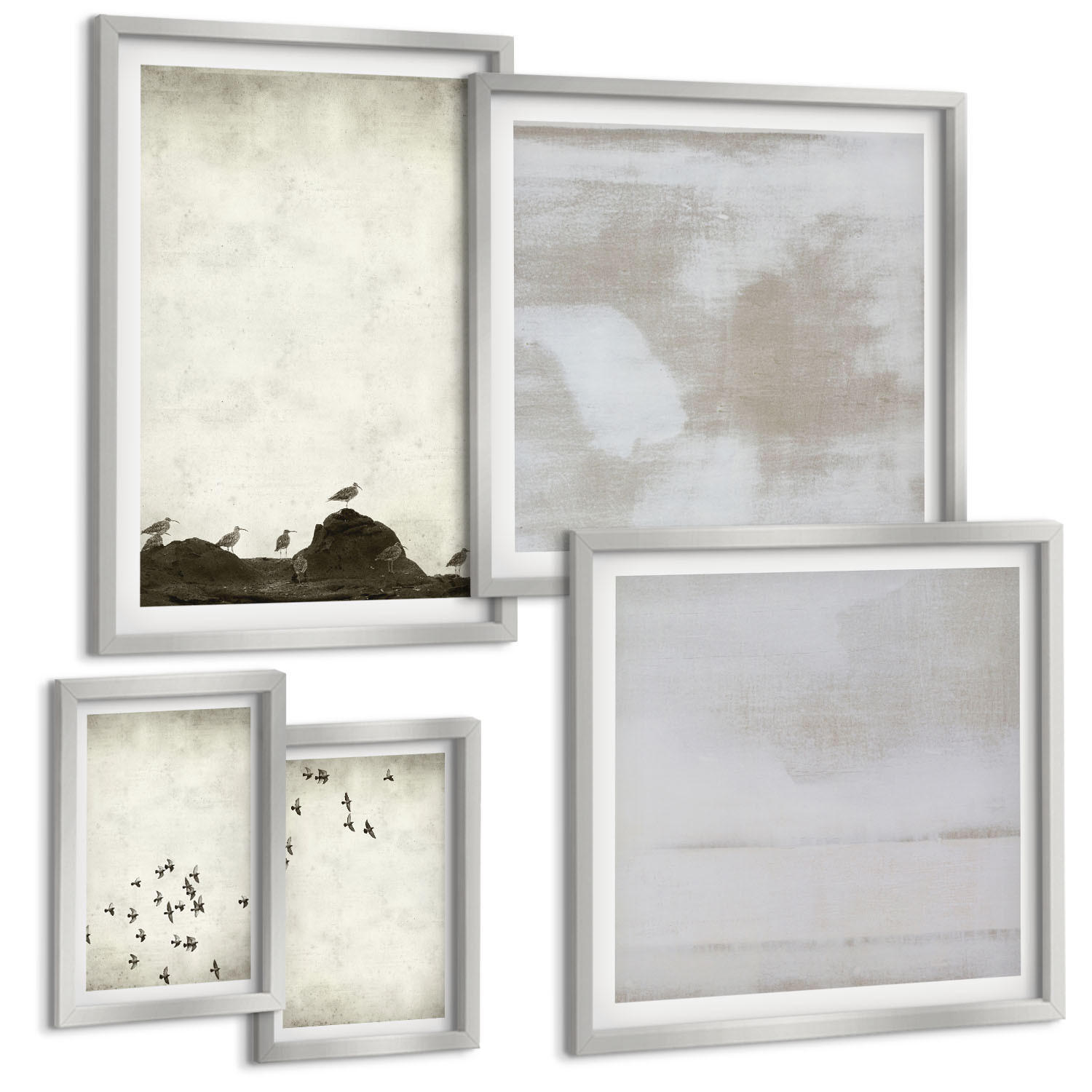 BILDER SET 5er Set - 50x50 cm & 20x30 cm & 40x60 cm Silberner Rahmen - Minimalistische Vögel im Flug - Silberfarben, Kunststoff (40/60cm) - TULUP