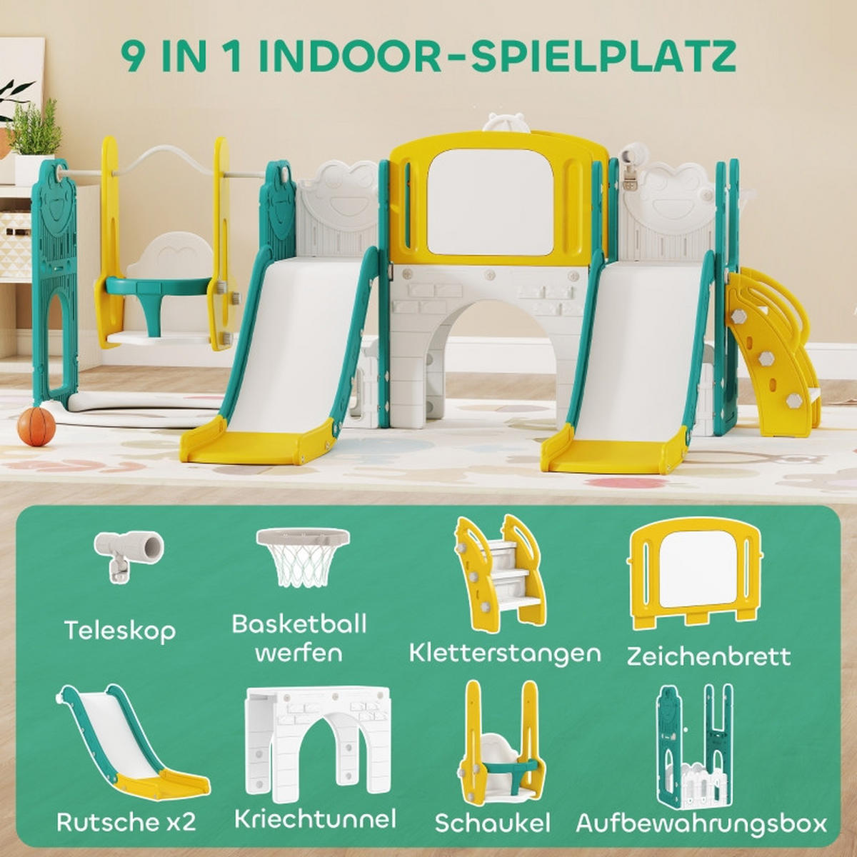 KINDERRUTSCHE 9-in-1 mit Schaukel und Basketballkorb Gelb/Grün - Gelb, Kunststoff (150/94/250cm) - Korfee