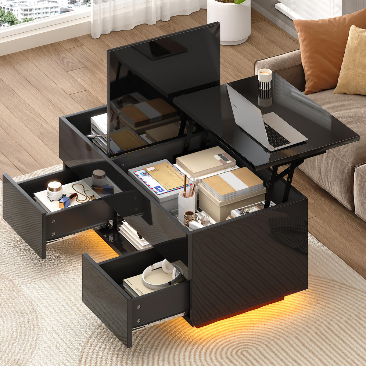 COUCHTISCH 100/45/43 cm Schwarz aus Holzwerkstoff mit höhenverstellbarer Tischplatte LED und 2 Schubladen - Schwarz, Holzwerkstoff (100/45/43cm) - OKWISH