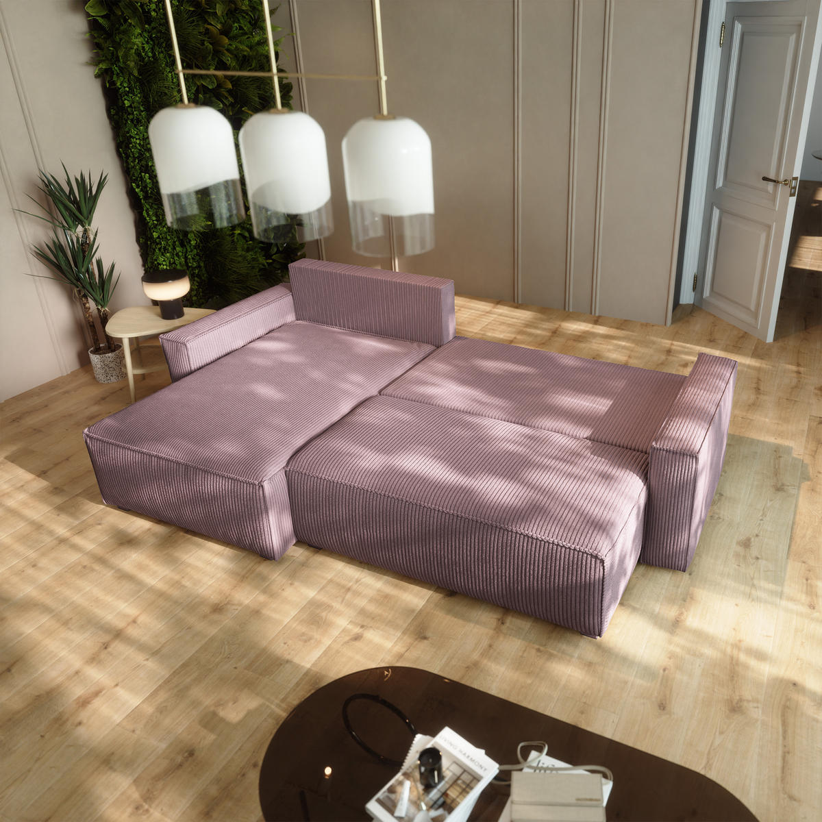 ECKSOFA BESMIR Lila Kordstoff mit Schlaffunktion - Lila, Holz (275/148cm) - MASSENO