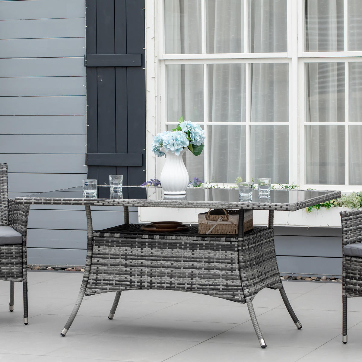 ESSTISCH, Grau+Schwarz, Metall, Sicherheitsglas, Polyrattan - Grau, Kunststoff (150/85/74cm) - Outsunny