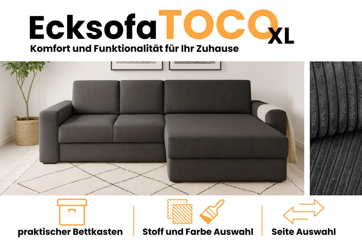 ECKSOFA TOCO XL 275/170 cm in Cord Anthrazit rechts - Anthrazit, Holz/Holzwerkstoff (275/170cm) - Deine Möbel 24