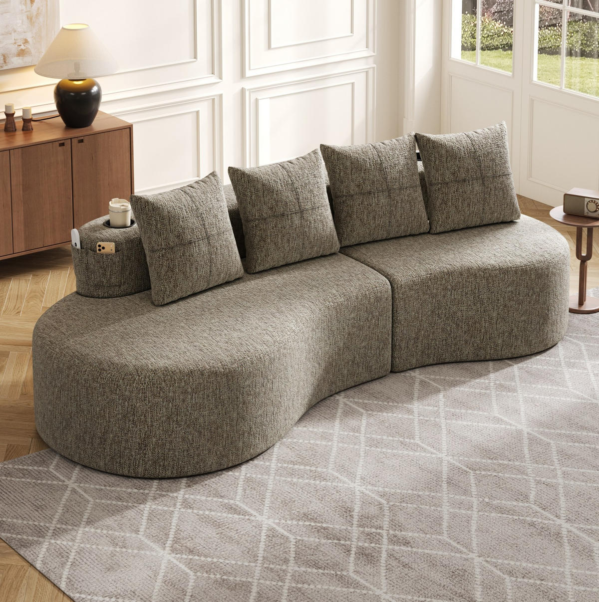 SOFA 240/109/60 cm in Khaki mit Becherhalter, Seitentaschen und 4 Kissen - Sandfarben, Textil (109/63/240cm) - Flora Grace