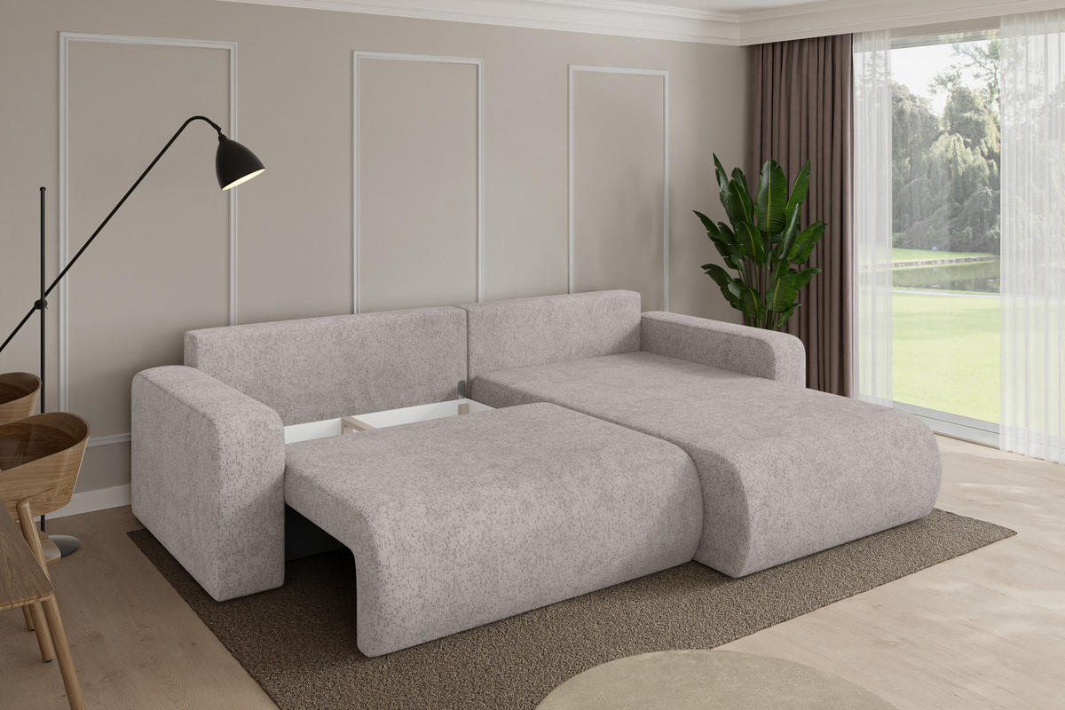 ROHOVÁ SEDAČKA s funkcí spaní, otoman vpravo BERY-L 276x193x88 světle šedá velur - černá/světle šedá, kompozitní dřevo/textil (276/193cm) - ALTDECOR