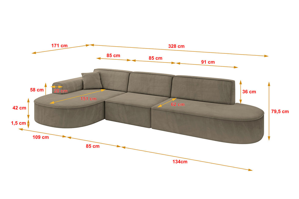 ECKSOFA Ottomane Links MARI-L2 - 328x171x79 cm Dunkelbraun Velours - Dunkelbraun/Schwarz, Holzwerkstoff/Kunststoff (328/171cm) - ALTDECOR