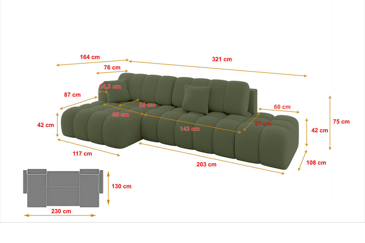 ECKSOFA mit Schlaffunktion Ottomane Links OLEA-L2 321x164x75 Grün Bouclé - Schwarz/Grün, Holzwerkstoff/Kunststoff (321/164cm) - ALTDECOR