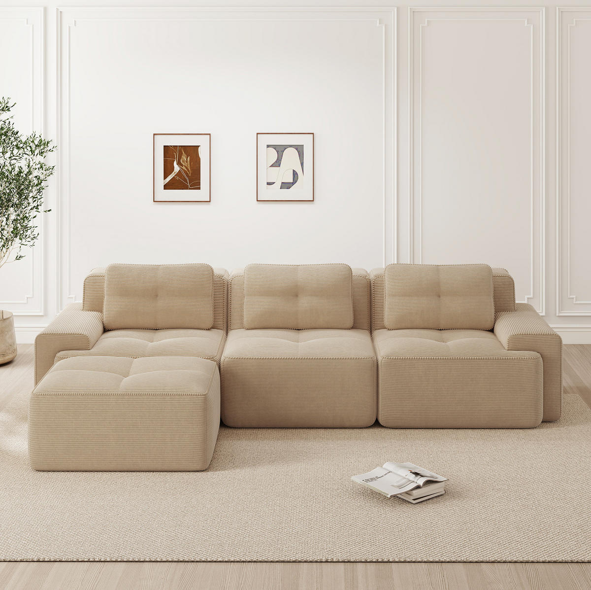 ECKSOFA 293/177/69 cm beige aus Cord mit Tiefsitz, Ottomane und montagefreiem Design - Beige, Textil (177/293cm) - OKWISH