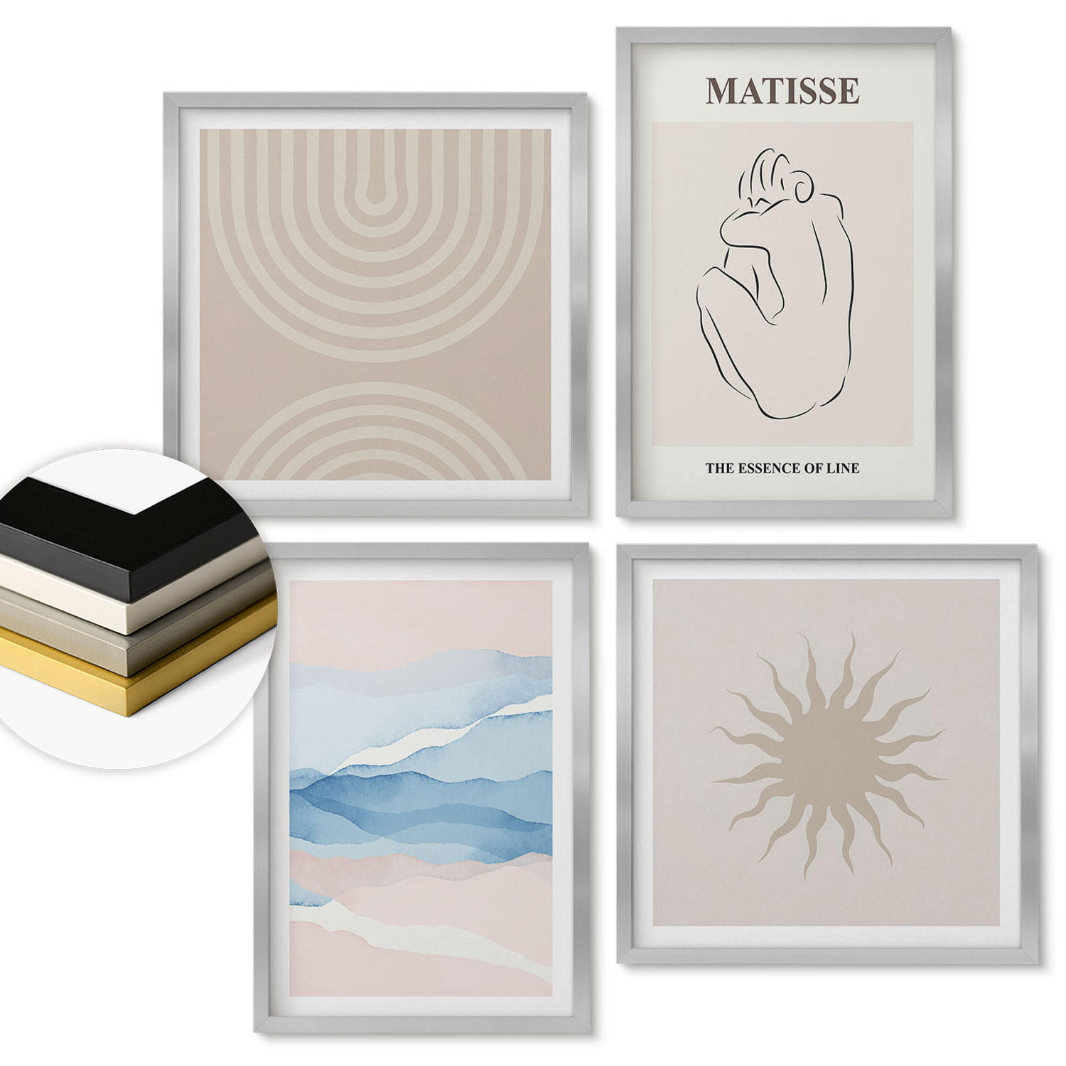 WANDBILDER 4er Set - 50x50 cm & 40x60 cm Silberner Rahmen - Linien, Wellen, Pastellfarben, minimalistisch - Silberfarben, Kunststoff (50/50cm) - ArtPrintCave