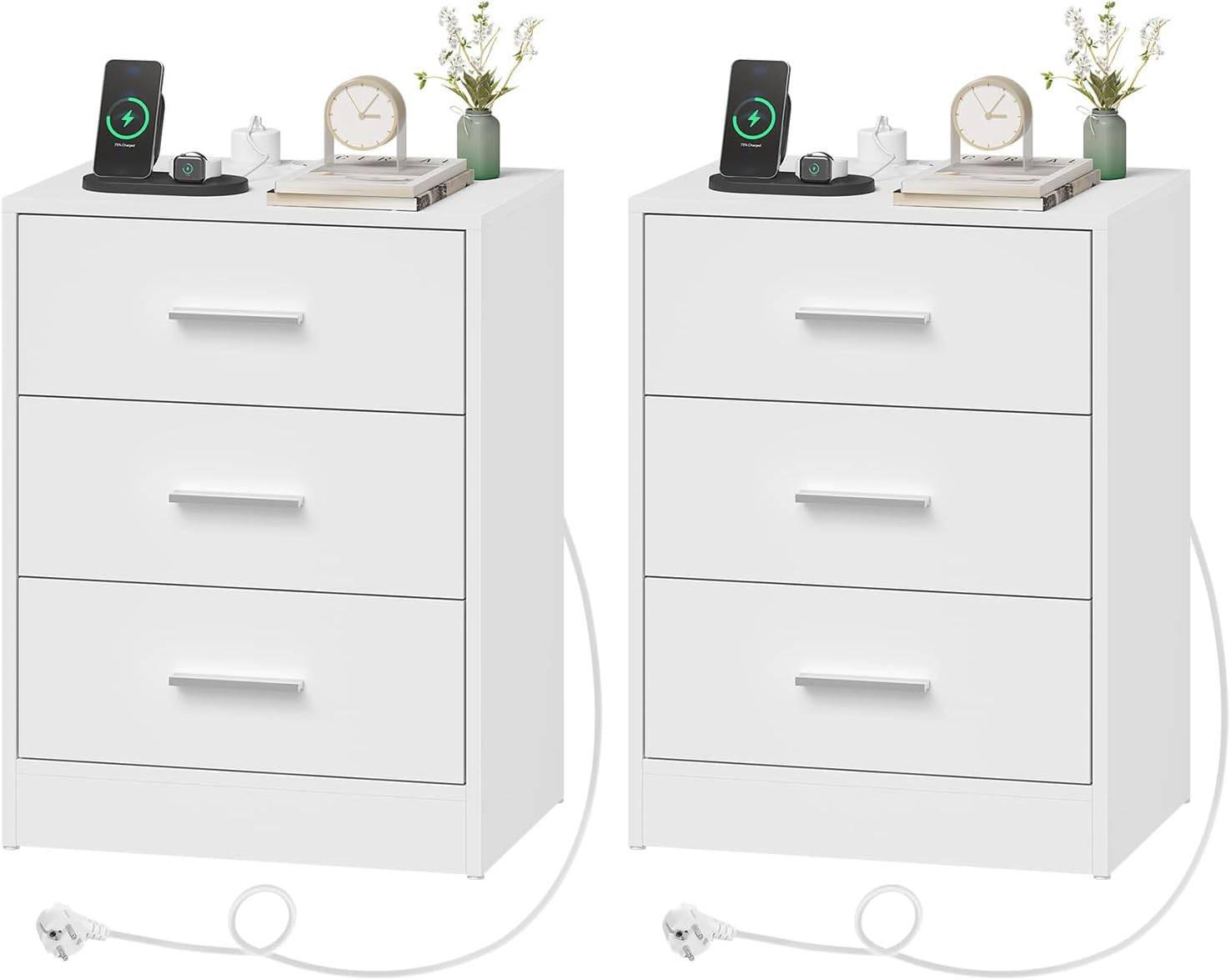 NACHTTISCH 2er Set, Beistelltisch mit Ladefunktion, Schwarz - Weiß, Holzwerkstoff (39/54/28cm) - Woltu