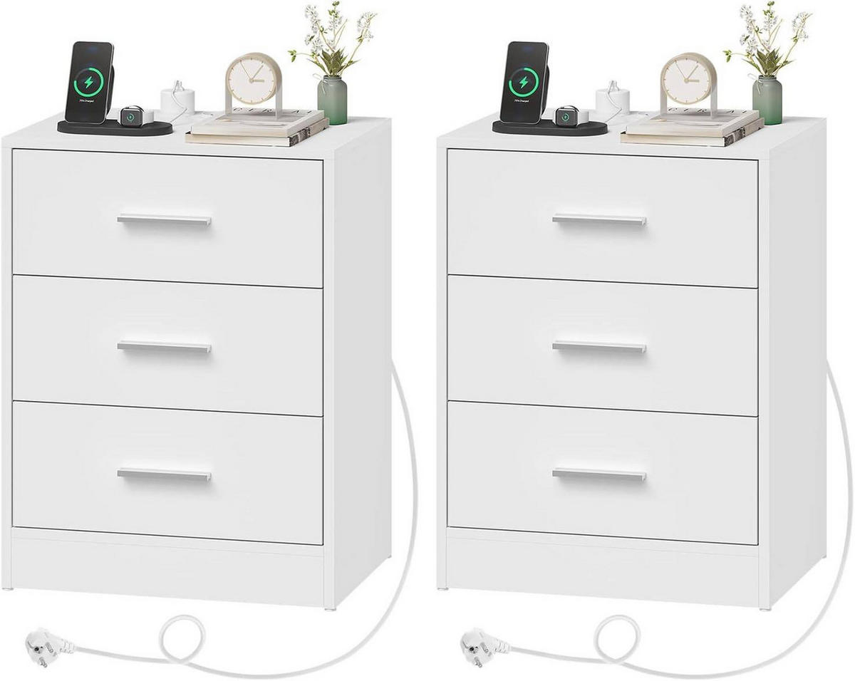 NACHTTISCH 2er Set, Beistelltisch mit Ladefunktion, Schwarz - Weiß, Holzwerkstoff (39/54/28cm) - Woltu