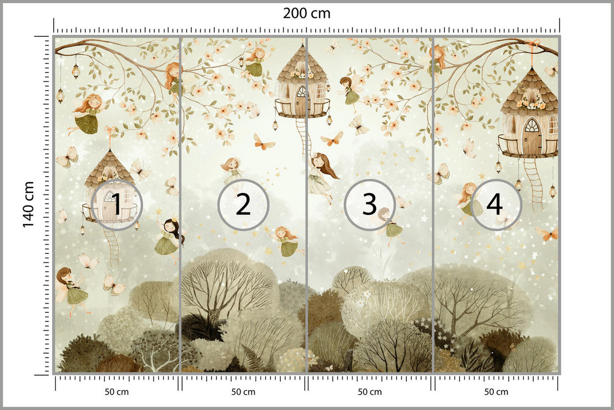 FOTOTAPETE für Kinderzimmer Waldfeen Blumen Sterne Schmetterlinge Baum 200x140 - Beige/Orange, Papier (200/140cm) - Muralo