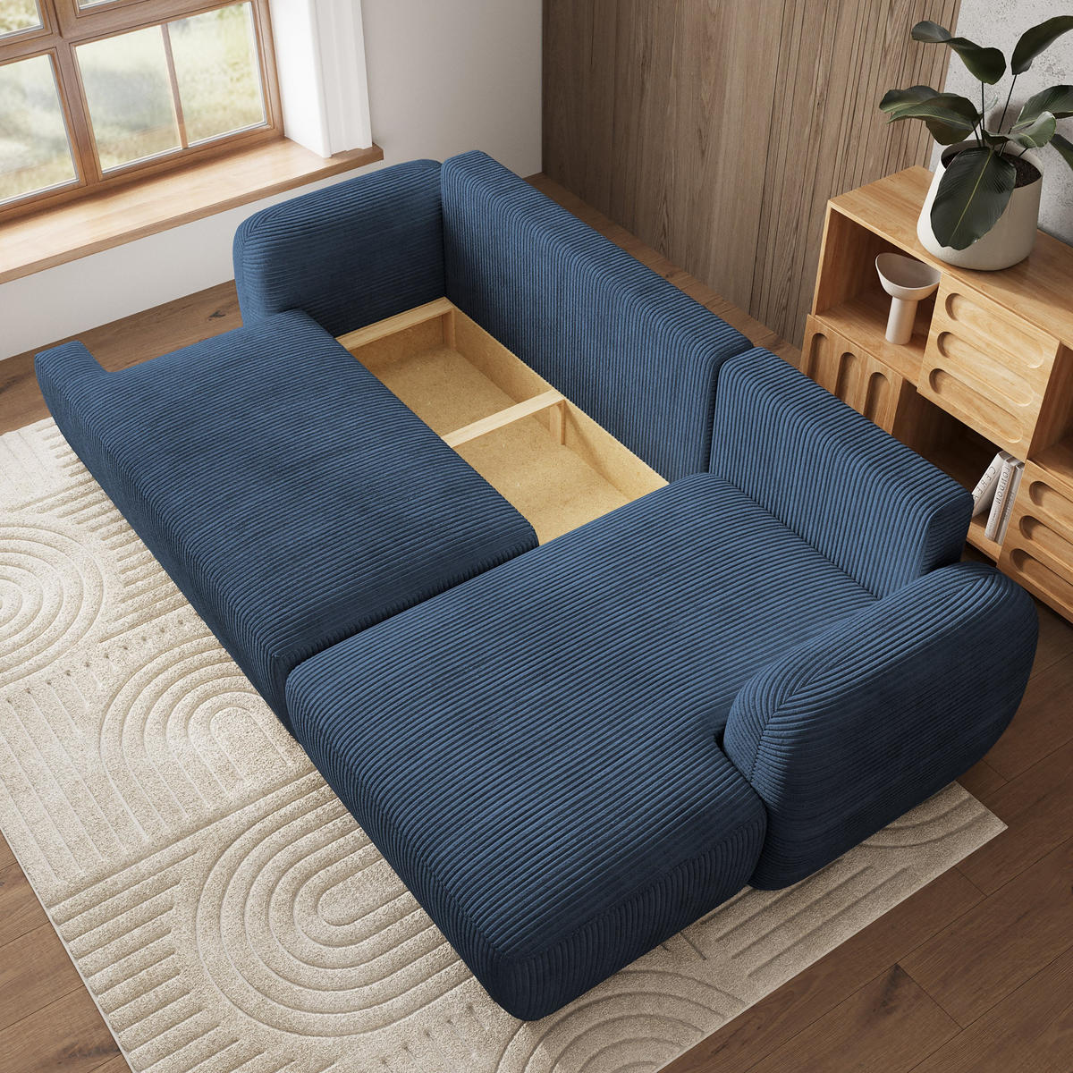 ECKSOFA MODENZA P R-S Blau Kordstoff mit Schlaffunktion - Blau, Holz (266/148cm) - MASSENO