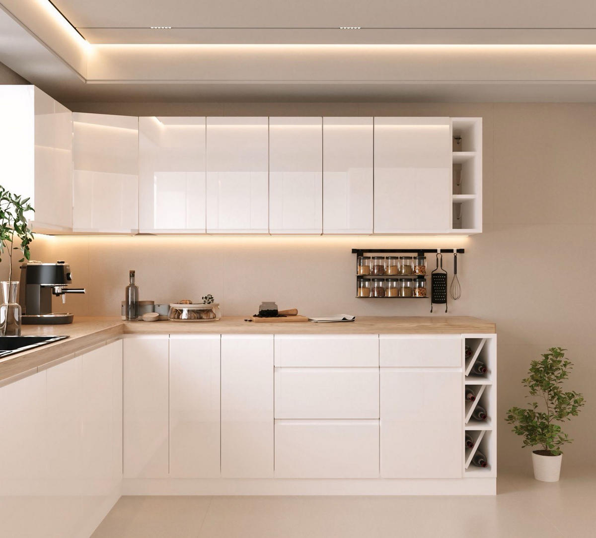 WINKELKÜCHE 320 cm x 280 x 260 cm - Aspen KA17-M320 - in Weiß/Hochglanz - Weiß Hochglanz, Holz (860/212/58cm)