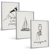 BILDER SET 3er Set - 40x60 cm Silberner Rahmen - Weinsegelboot-Glas-Linienzeichnung - Silberfarben, Kunststoff (40/60cm) - TULUP