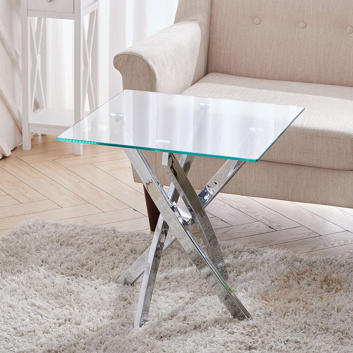 BEISTELLTISCH aus Glas mit Metalbeine Quadratisch Langfristige Nutzung Schnelle Montage Leicht zu reinigen 55 x 55 x 55 cm - Chromfarben/Transparent, Glas/Metall (55/55/55cm) - Livingandhome
