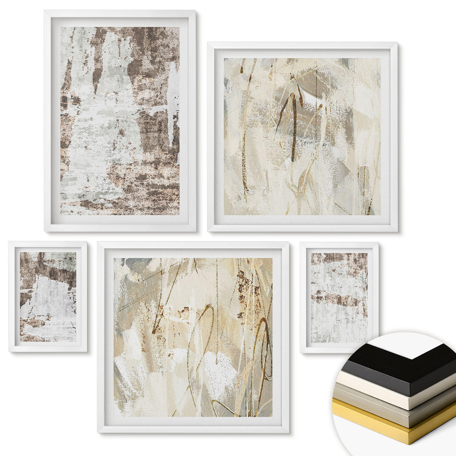 WANDBILDER 5er-Set - 50x50 cm & 20x30 cm & 40x60 cm Weißer Rahmen - Abstrakte Muster, weiß, braun - Weiß, Kunststoff (40/60cm) - ArtPrintCave