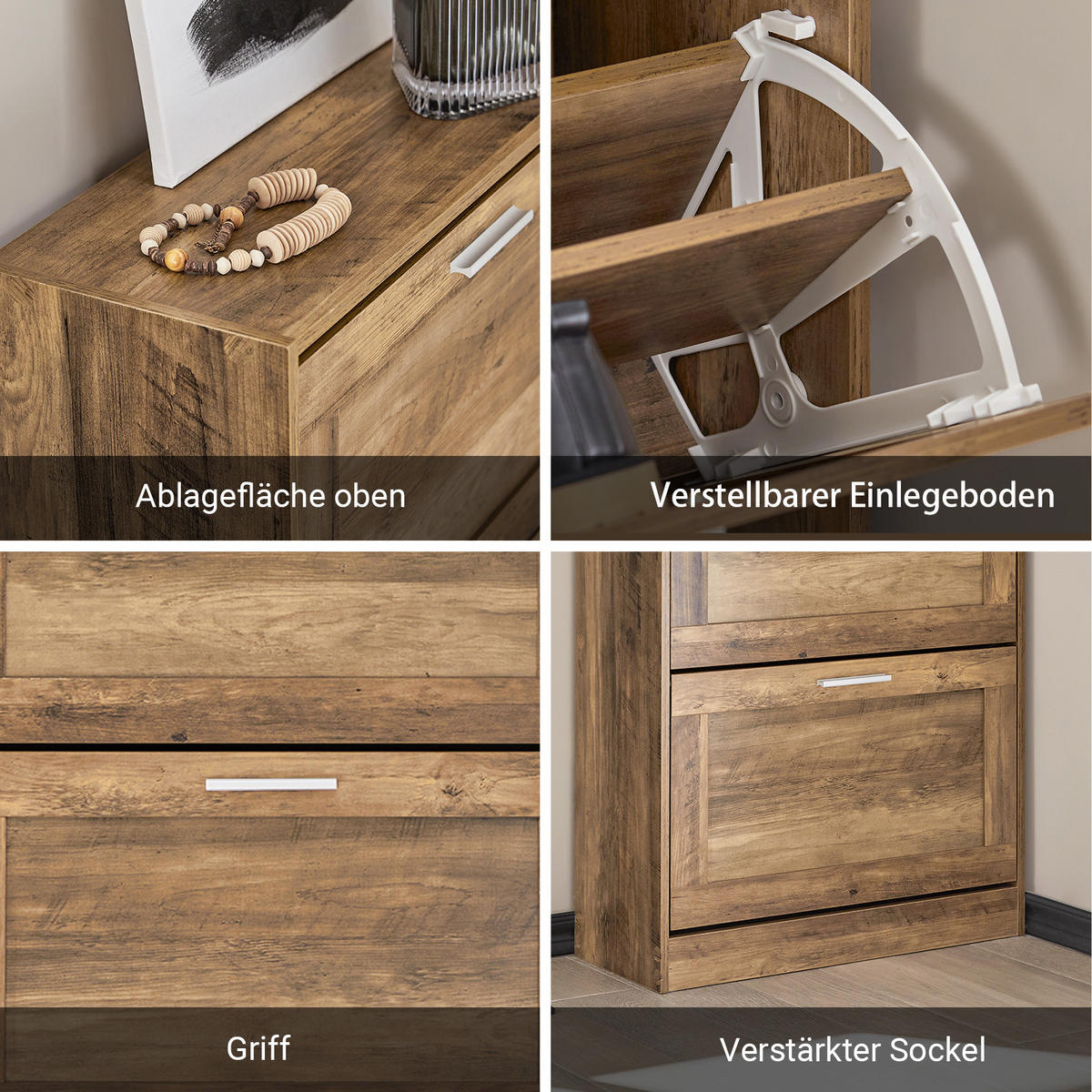 SCHUHSCHRANK Braun, 23 cm tief, 79 cm hoch, 2 Klappen, Einlegeboden verstellbar, ca. 8 Paar Schuhe, für Flur und Diele - Braun/Weiß, Holzwerkstoff/Metall (60/79/23cm) - SoBuy