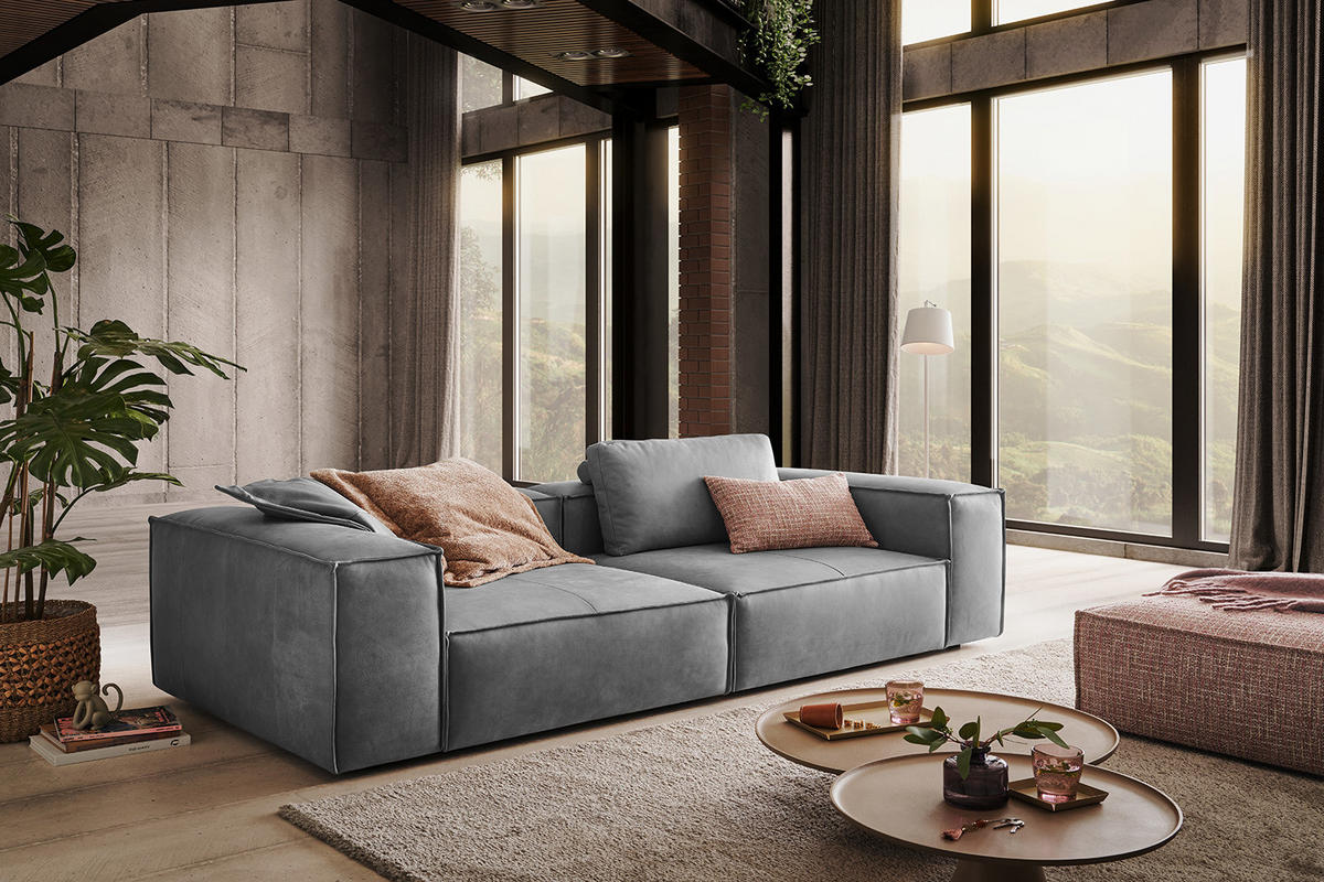 SOFA CARMO Grau Leder - Schwarz/Grau, Leder/Kunststoff (266/68/118cm) - KAWOLA