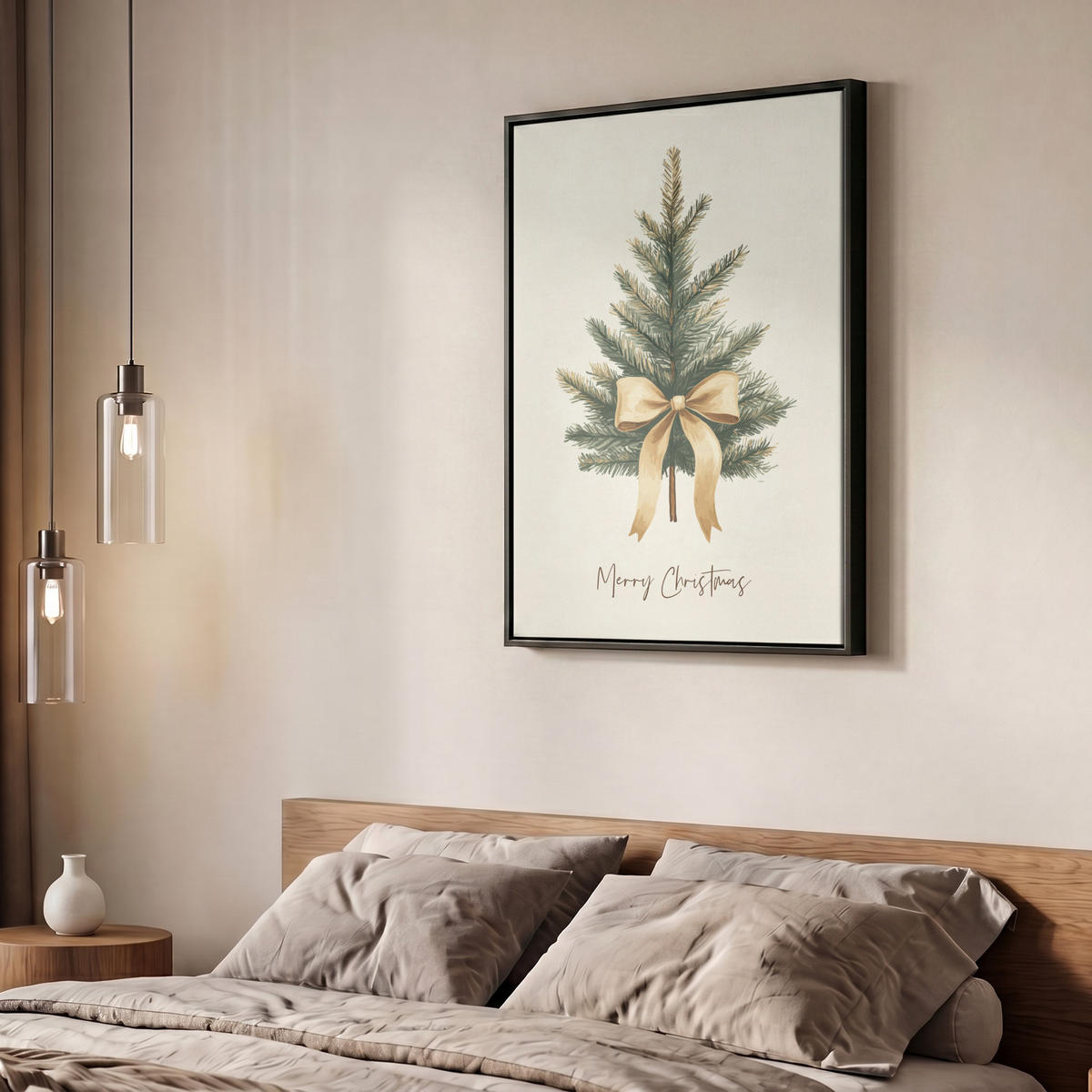 LEINWAND Bilder mit Rahmen - Weihnachtsbaum - Weihnachten - Frohe Weihnachten - Beige - 60x80 - Sandfarben, Textil (60/80cm) - MuchoWow