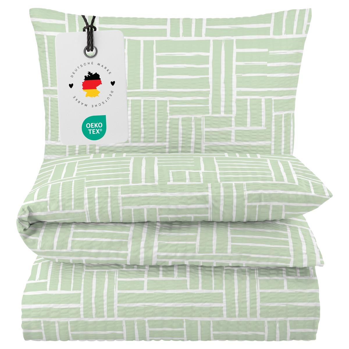 Carpe Sonno BETTWÄSCHE Seersucker 135x200 aus 100% Baumwolle, Sommer Bettbezug Bügelfrei 135 x 200, Streifen Sommerbettwäsche Grafik Muster Grün jetzt nur online ➤