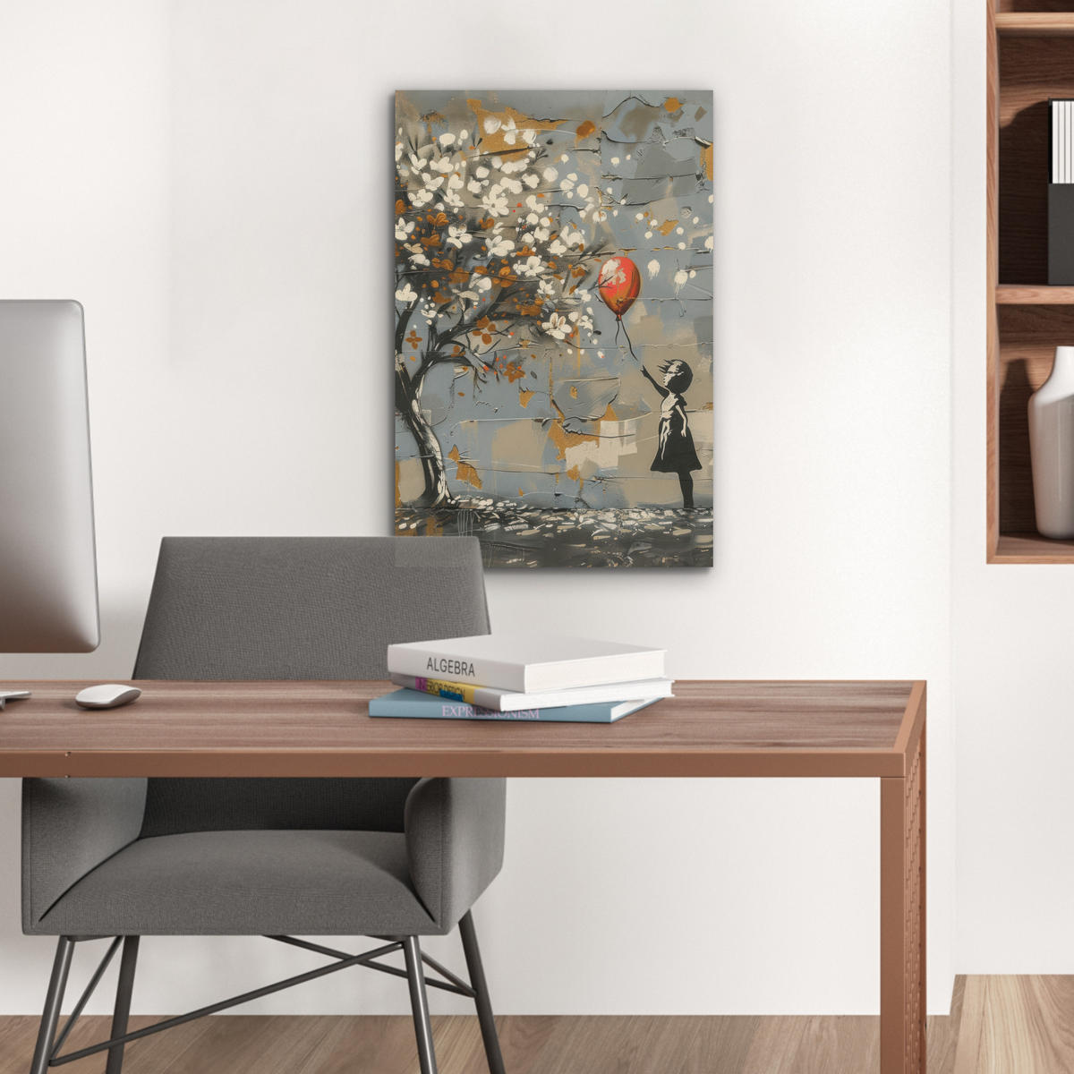 AKUSTIKBILD Baum - Graffiti - Banksy-Stil - Ballon-Mädchen Kunstdruck Schlafzimmer 50x70 cm - Blaugrau, Kunststoff (50/70/0.9cm) - MuchoWow