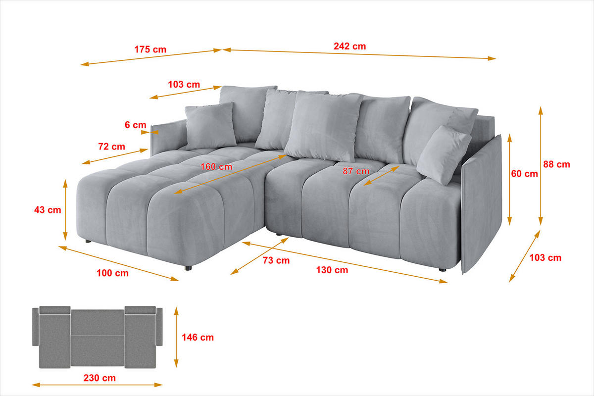 ECKSOFA mit Schlaffunktion und Bettkasten LONLI-L 242x175x88 Hellgrau Velours - Hellgrau, Holzwerkstoff/Kunststoff (242/175cm) - ALTDECOR