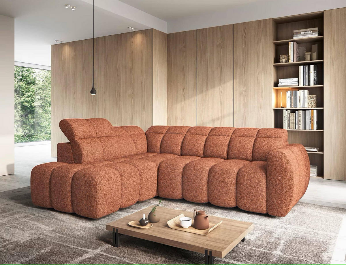 ECKSOFA mit elektrischem Sitzvorschub, Bettkasten und verstellbare Kopflehnen - Orange, Naturmaterialien/Textil (258/208cm) - Eltap