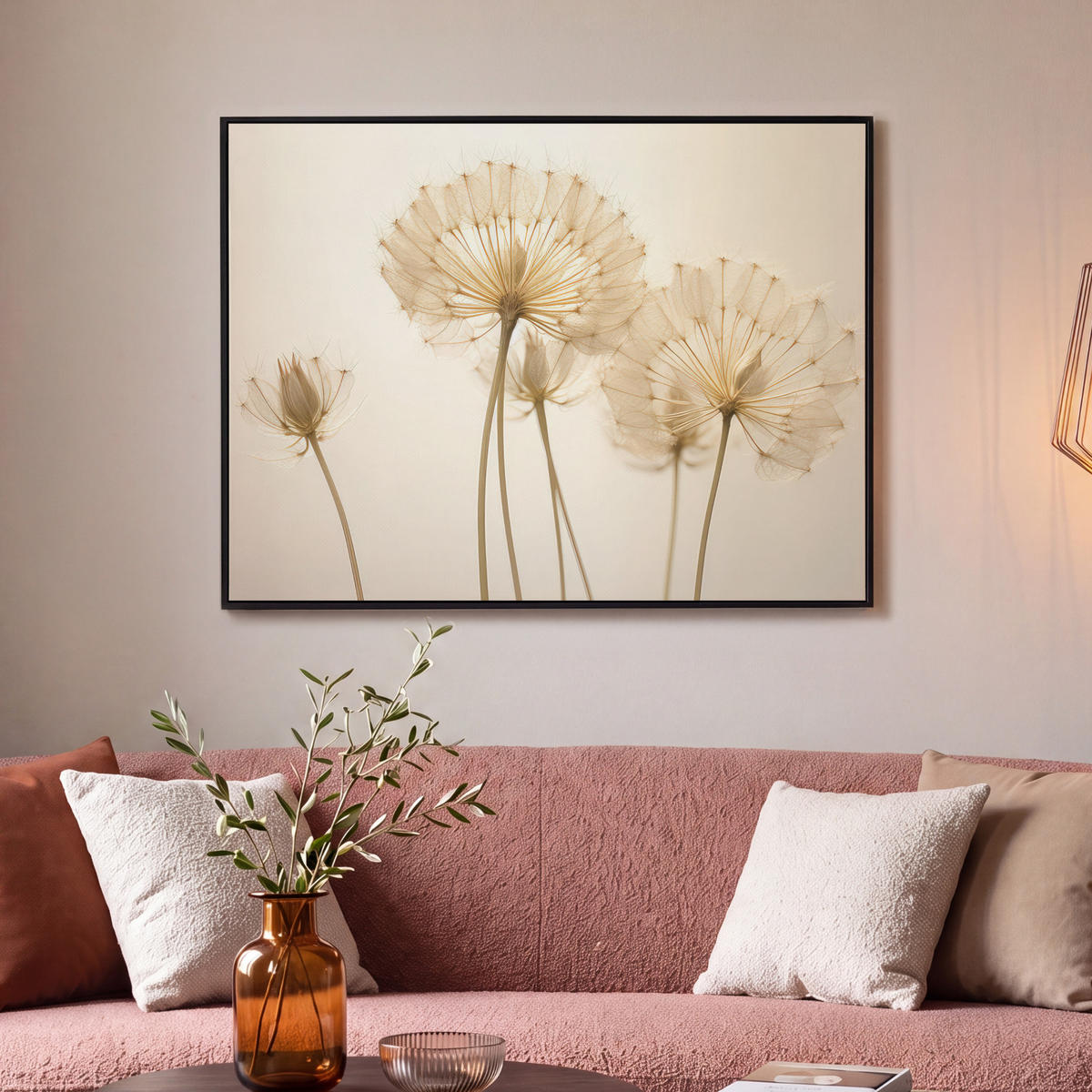 LEINWAND Bilder mit Rahmen - Sonnenlicht - Löwenzahn - Botanisch - Blumen - 100x70 - Creme, Textil (100/70cm) - MuchoWow