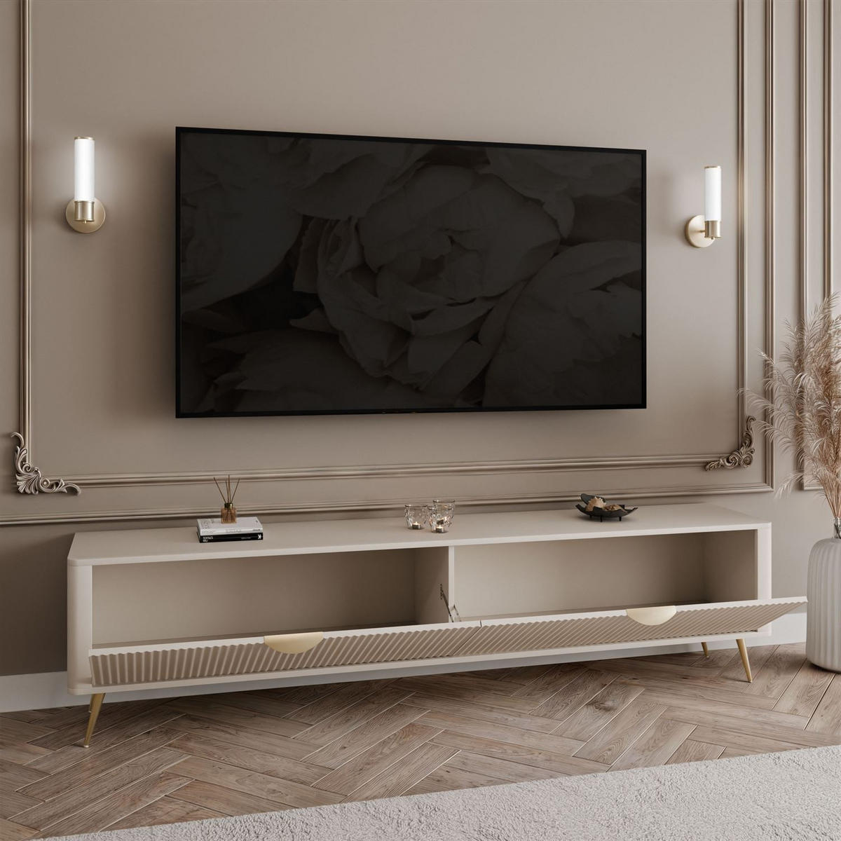 TV-ELEMENT SCARLETT 2D 200 CM AUF BEINEN BEIGE + GOLD - Beige, Holzwerkstoff (200/51/38cm) - Lookway