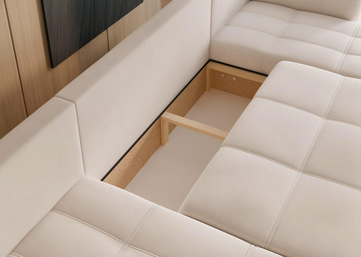 WOHNLANDSCHAFT U-Form Velours mit Bettkasten und Schlaffunktion - Creme, Holzwerkstoff/Textil (318/79/145cm) - Idohome