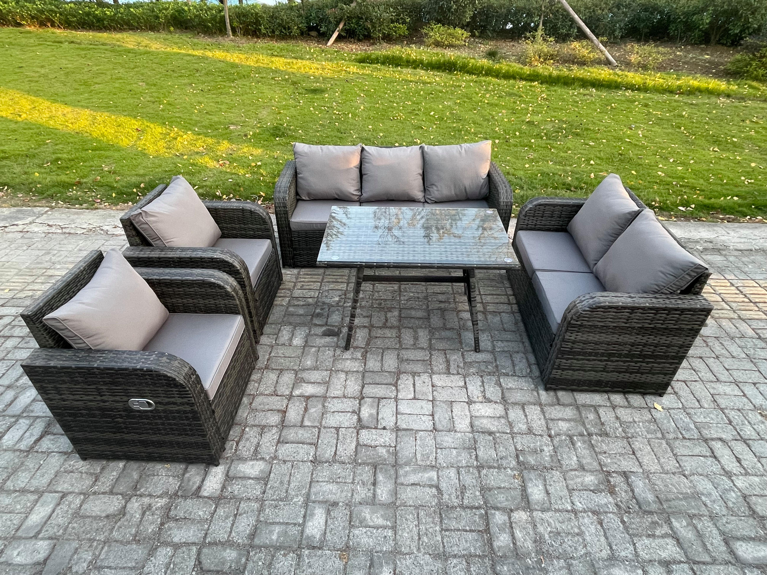 GARTENMÖBEL SET Polyrattan Dunkelgrau 7-Sitzer - Dunkelgrau/Grau, Glas/Kunststoff - Fimous