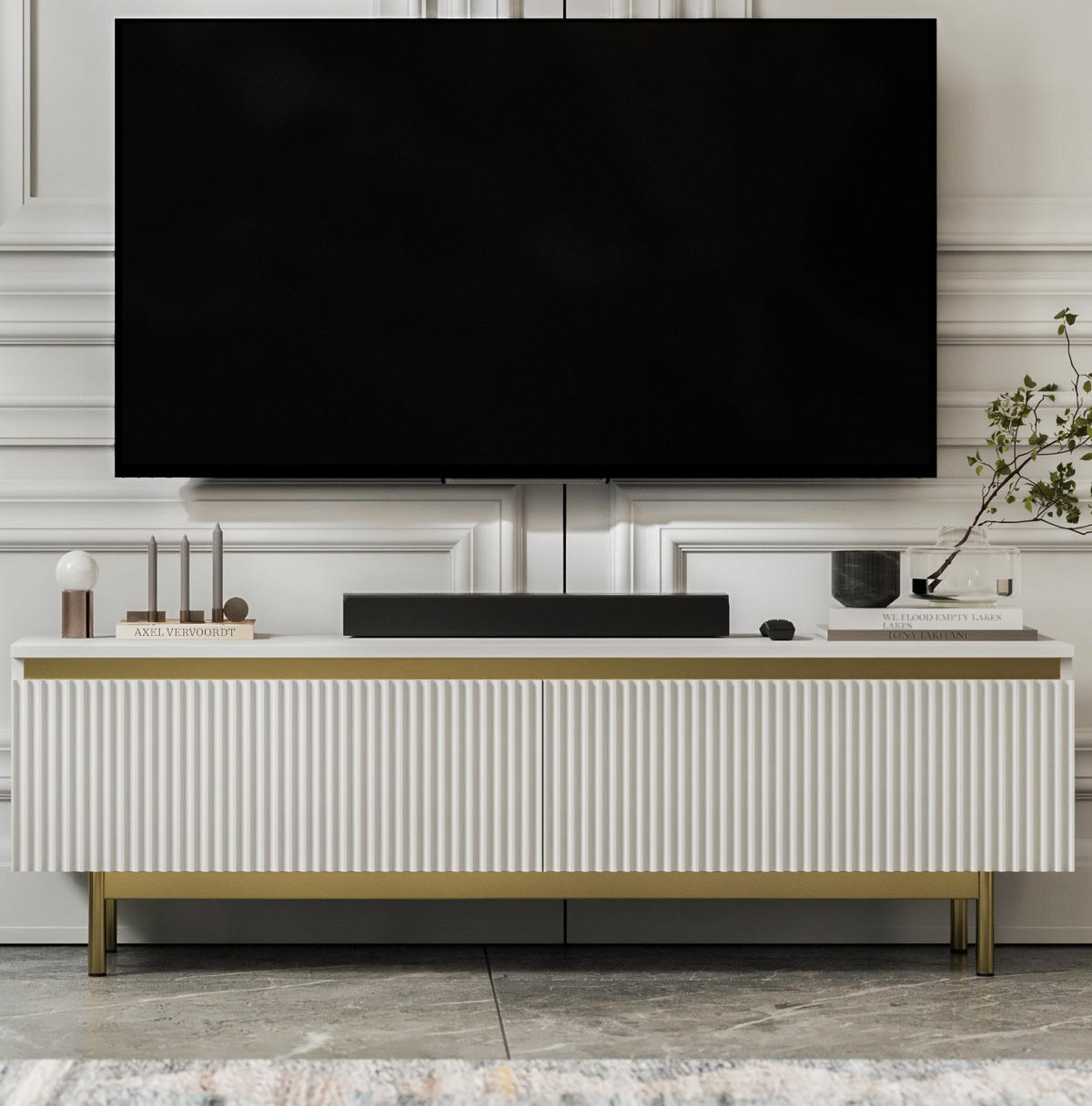 TV-SCHRANK Selene Weiß Matt 140 cm mit Metallrahmen Glamour - Goldfarben/Weiß, Holzwerkstoff (140/44/35cm) - Meble Lindner