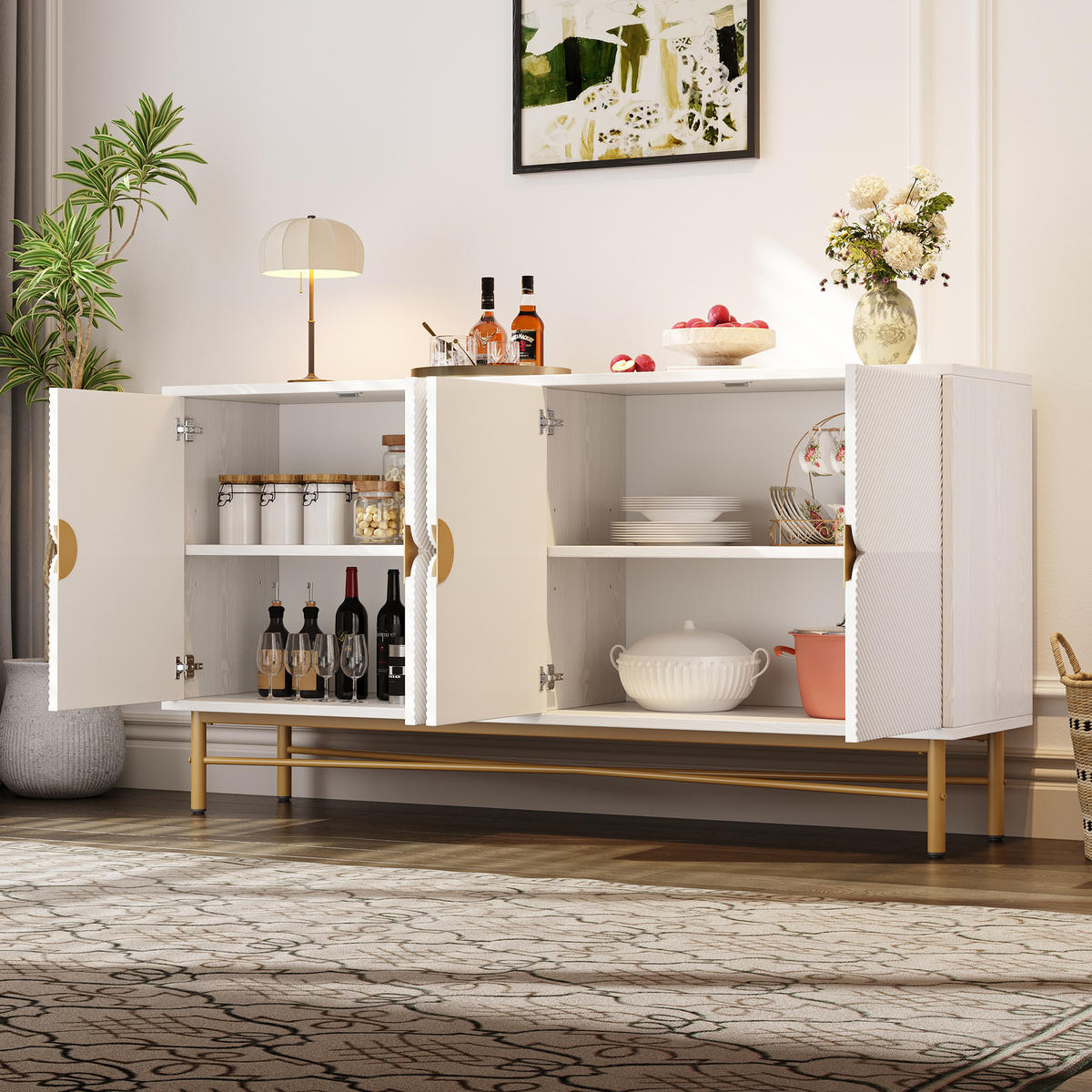 SIDEBOARD mit 2 Türen & 3 Schubladen, Weiß & Holzoptik, 120 x 40 x 80 cm - Weiß, Holzwerkstoff/Metall (160/82/40cm) - Urban Meuble