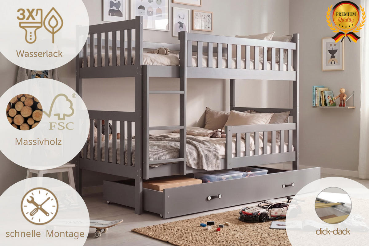ETAGENBETT 90x200 in Grau mit Lattenrost – Kinderbett mit Schublade & Rausfallschutz JAKOB - Weiß/Grau, Holz (90/200cm) - Interbeds