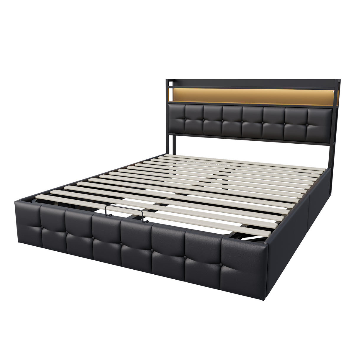 POLSTERBETT 140/200 cm mit Stauraum-Hydraulikbettkasten, Ablage-Kopfteil, integrierter LED-Beleuchtung & USB-Ladeanschluss - Schwarz, Holz/Metall (140/200cm) - Joyfair