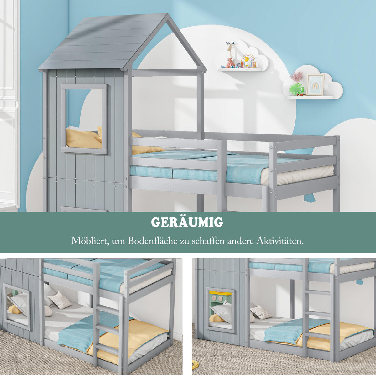 ETAGENBETT 90/200 cm Grau aus massivem Kiefernholz mit Leiter und Baldachin - Grau, Holzwerkstoff (90/200cm) - OKWISH