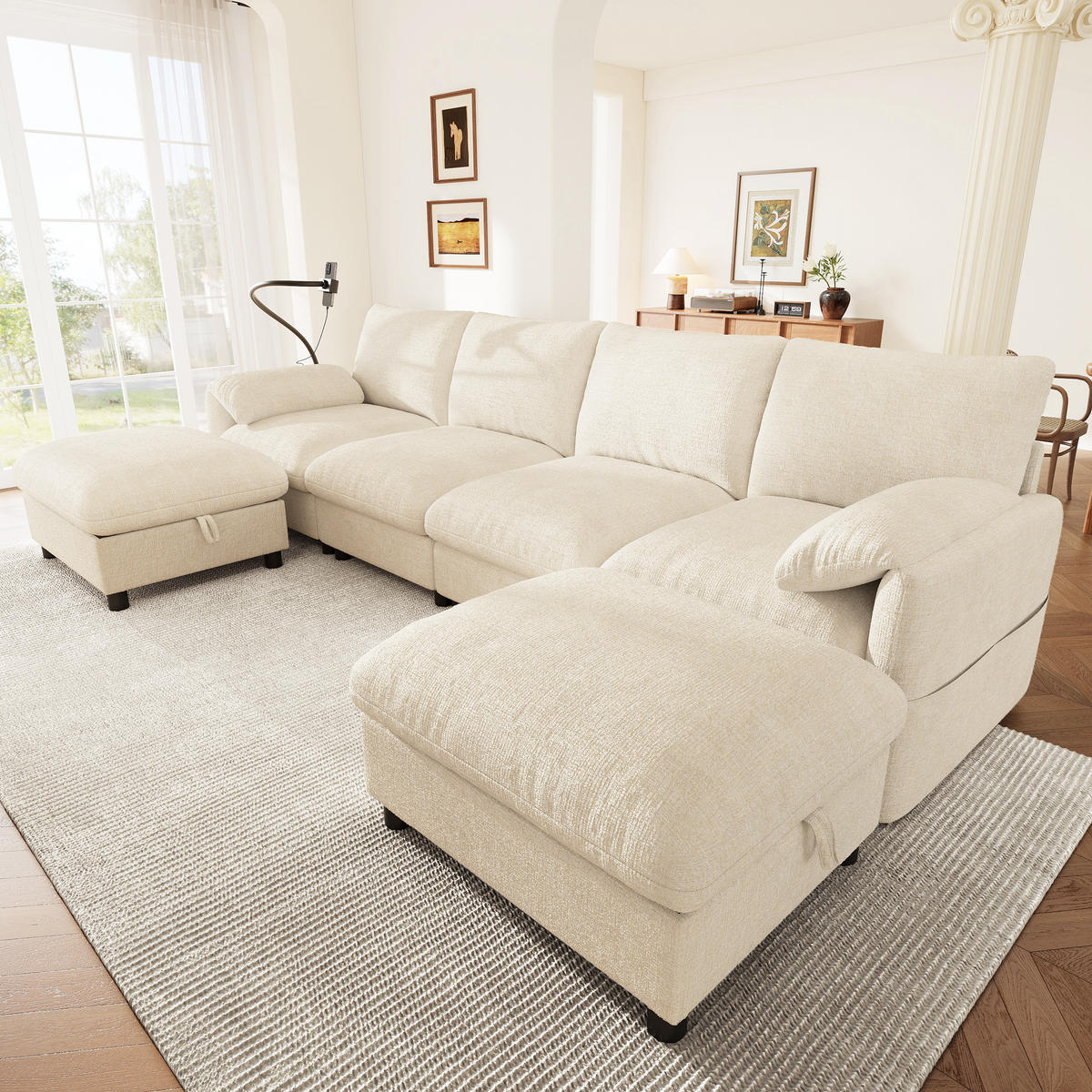 SCHLAFSOFA mit 6 Sitzen, Stauraum-Hockern, USB/Type-C und Handyhalter,Beige - Beige, Textil (273.5/81/133cm) - EVRYAE
